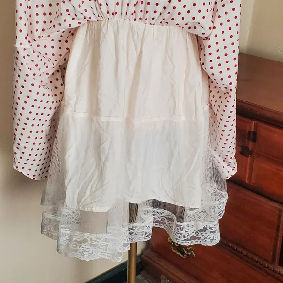 VINTAGE White And Red Polka Dot Dress A-line V-neck - Picture 4 of 7